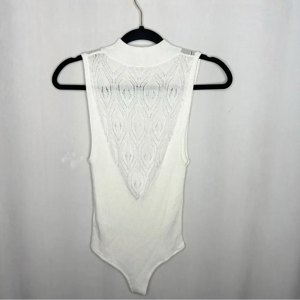 FREE PEOPLE / On Point ribbed knit mock neck lace cream off white bodysuit / S